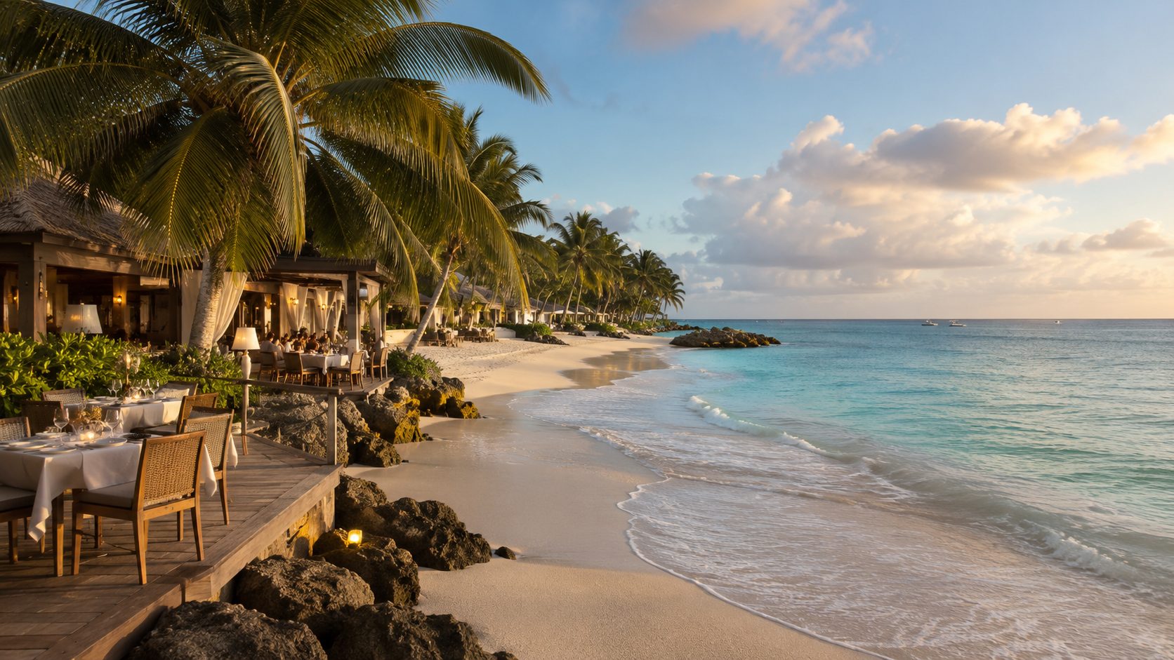 Beachfront terrace dining under palm trees at golden hour