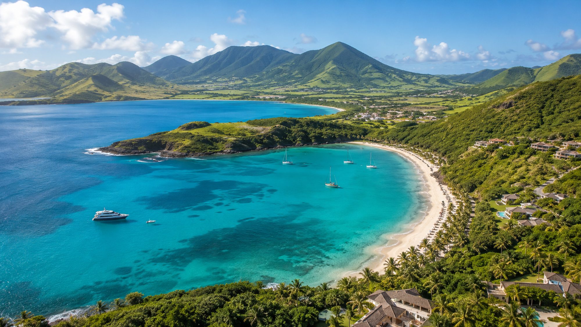 Green island headland above a calm blue Caribbean bay