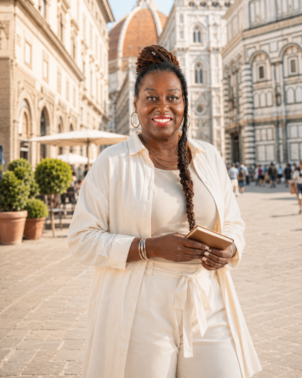 Hilary Rose in Florence with a travel journal