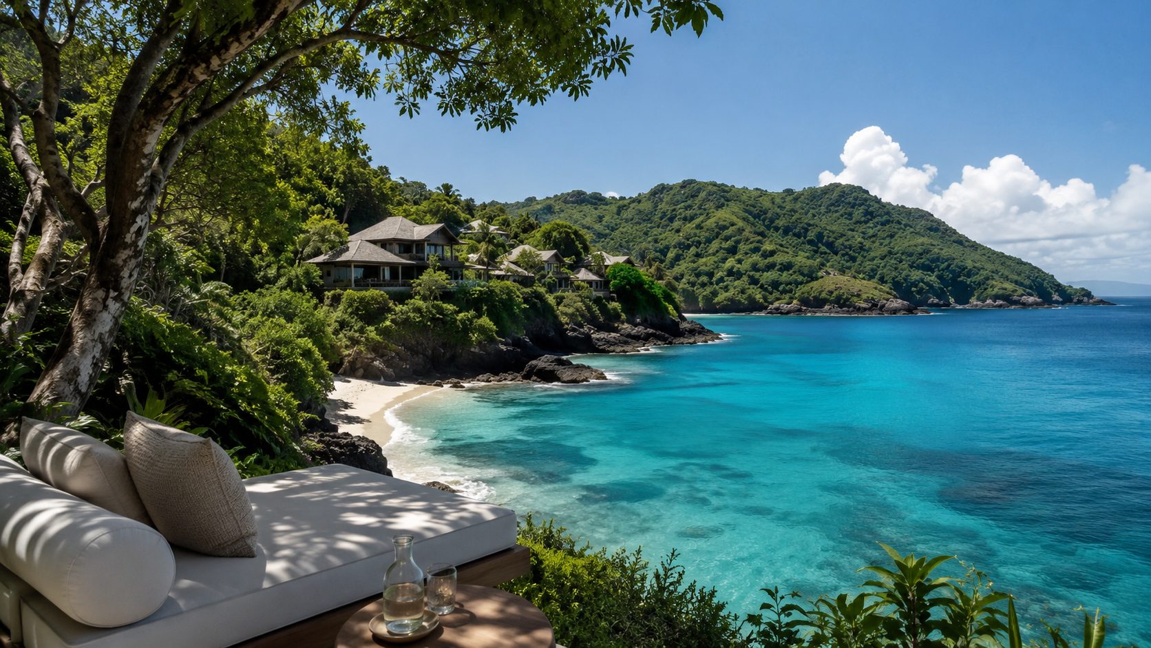 Shaded daybed overlooking a calm tropical bay