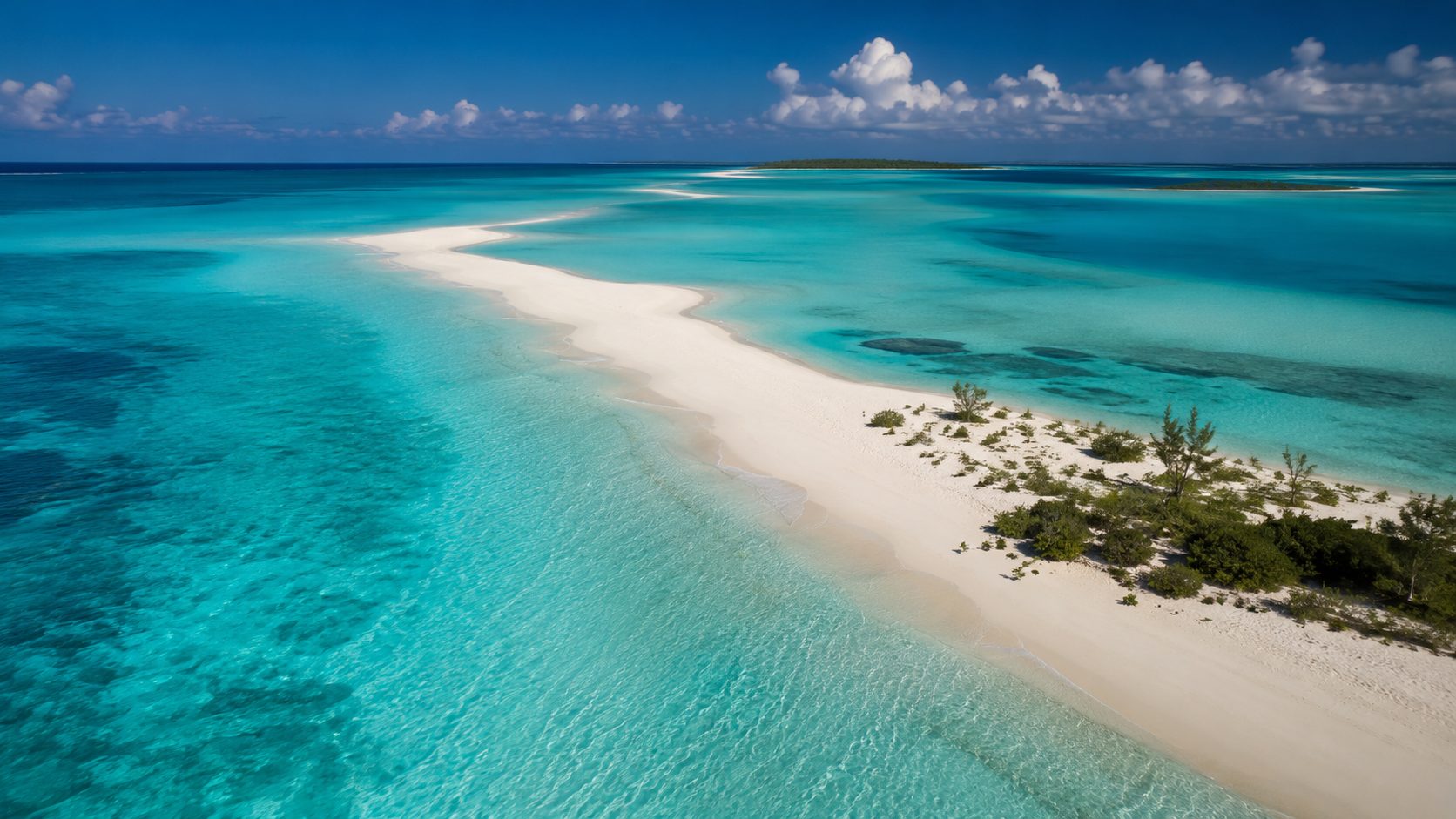 Turquoise Caribbean lagoon and white sandbar seen from above