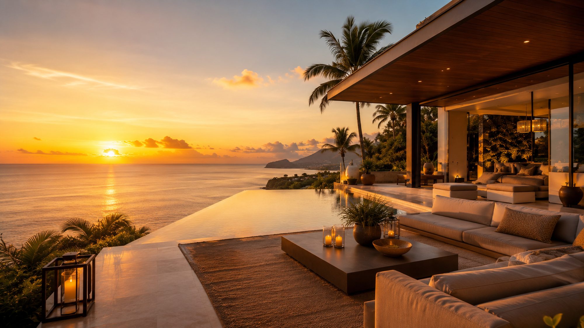 Open-air villa terrace above the ocean at golden sunset