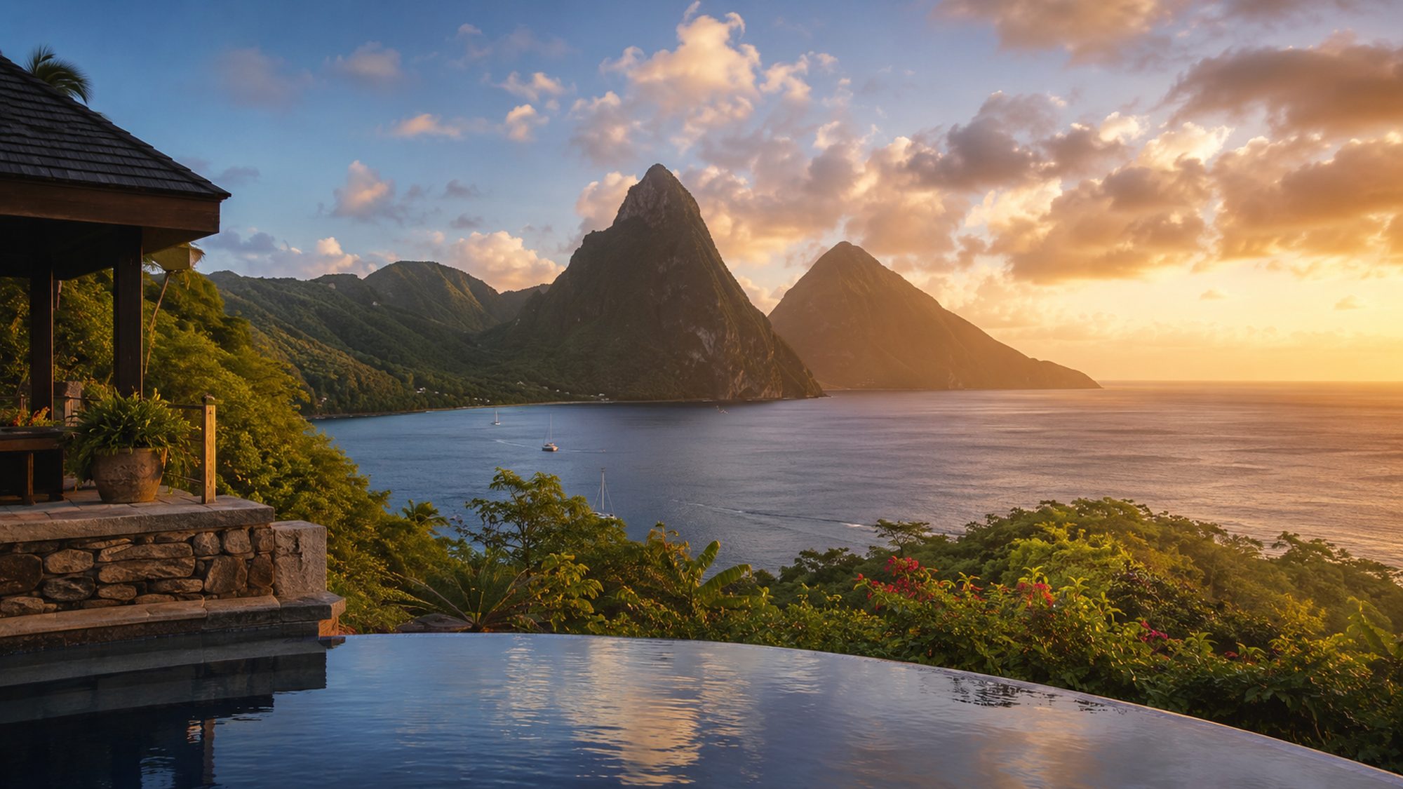 Infinity pool looking out to the Pitons at sunset