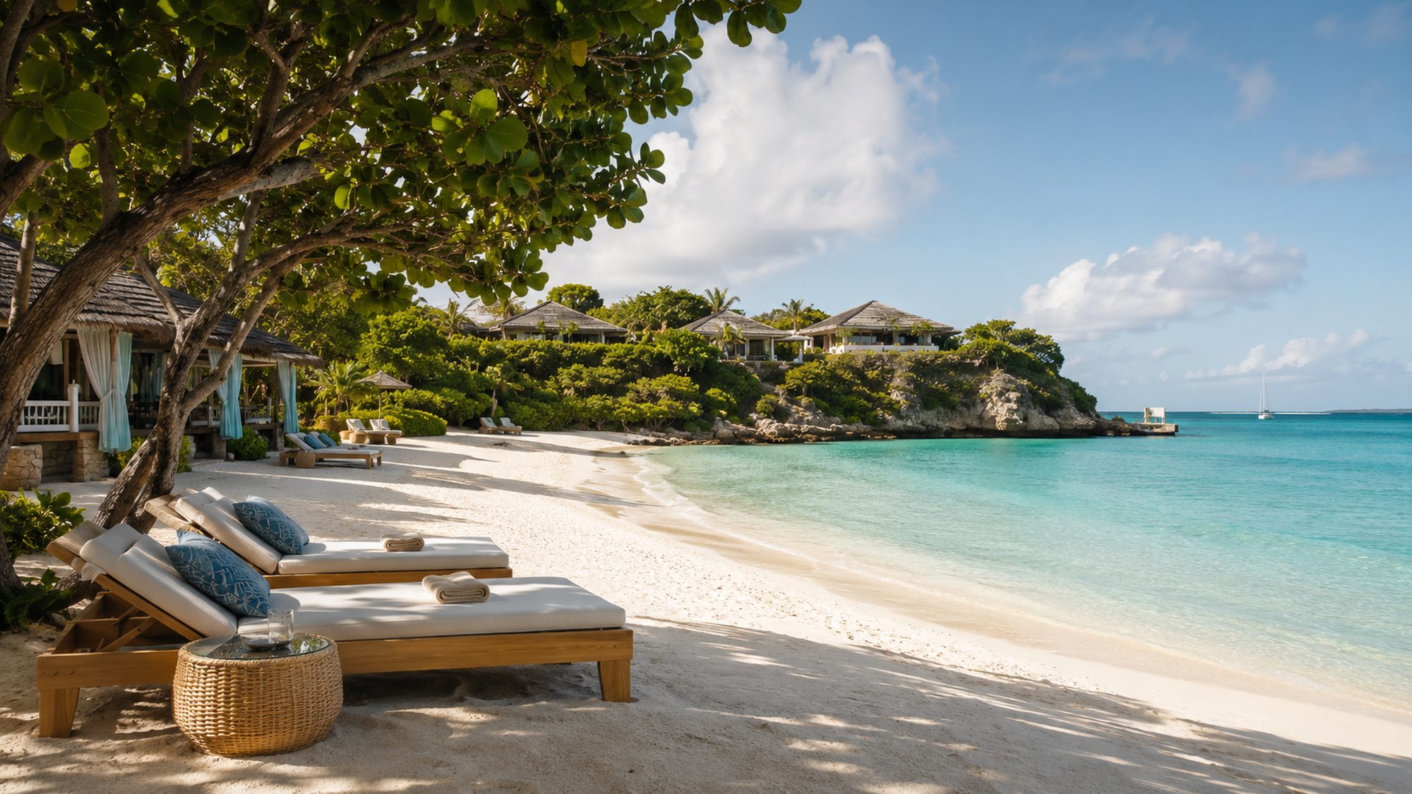 Shaded loungers on a quiet white-sand beach beside clear water